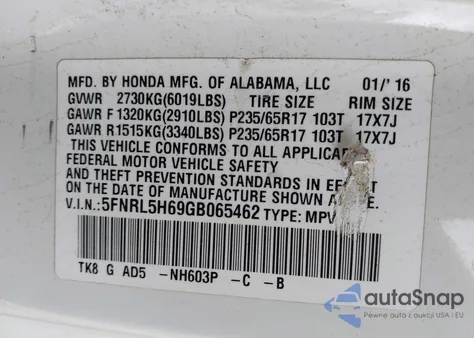 2016 Honda Odyssey Ex-L z USA, uszkodzony, nr VIN 5FNRL5H69GB065462